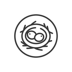 Minimalist Bird Nest Icon with Two Eggs in Circular Frame, Black Outline