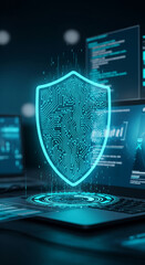 Cybersecurity shield icon hovers over laptop, symbolizing digital protection and data safety.  Represents online security,  technology, and network safety