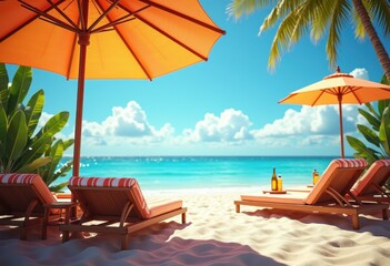 Obraz premium vibrant beach cabana colorful summer accessories sun umbrella towels chairs relaxation coastal lifestyle, sand, sea, shore, sunshade, lounge, deck, parasol