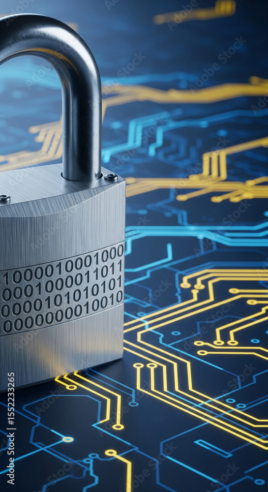 Poster metal padlock with binary code, resting on a circuit board background, symbolizing digital security 