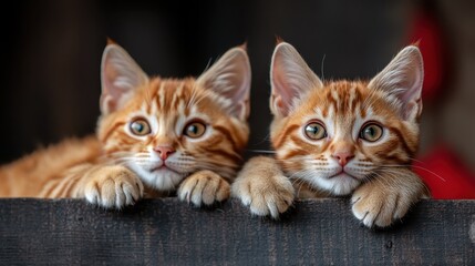 This image features two adorable ginger kittens with bright green eyes playfully peeking over a wooden surface, capturing the essence of curiosity and playfulness in pets.