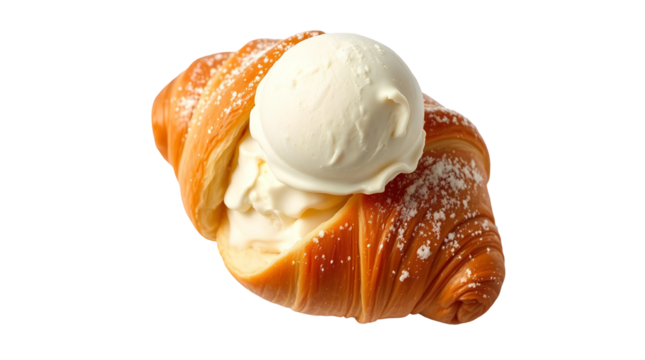 Photo of croissant filled with a scoop of vanilla ice cream isolated on transparent background