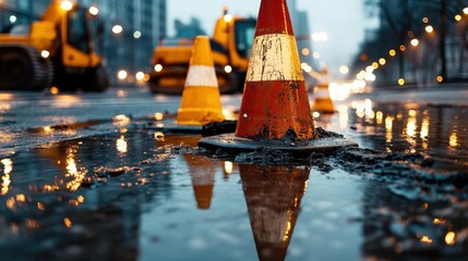 An urban construction scene featuring traffic cones and machinery amidst puddles, beautifully reflecting city lights, illustrating the intersection of human progress and nature.