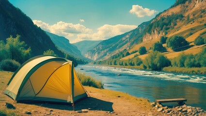 View from camping tent on the river bank in a scenic landscape