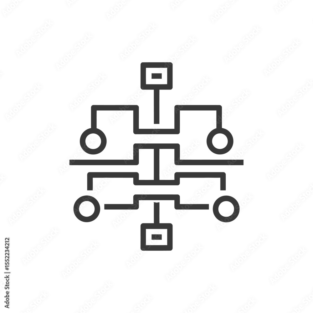 Poster minimalist flowchart icon: hierarchical structure with circular nodes and rectangular blocks