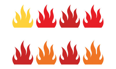 A collection of stylized flame icons in varying shades of yellow red and orange arranged in two rows on a clean white background representing heat and energy