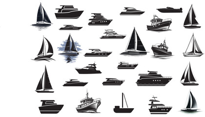 Collection of Black and White Yacht, Sailboat, and Motorboat Silhouettes: Nautical Vector Graphics.