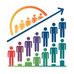 Graphic representation of progress in personal growth with ascending colorful figures and an upward arrow
