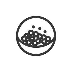 Minimalist Icon of Bowl with Spheres, Black Outline on White Background