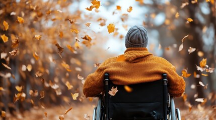 A thoughtful scene depicting a senior man in a wheelchair enjoying the beauty of falling autumn leaves, evoking feelings of reflection and appreciation for nature's change.