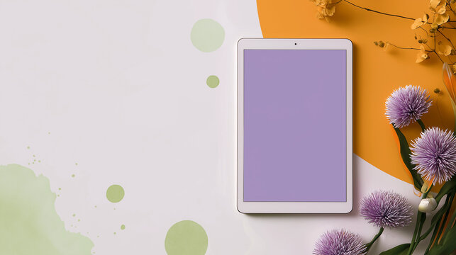 Flat Lay with Tablet and Vibrant Flowers on Colorful Pastel Background&mdash;Creative Display for Mockups and Social Media, 