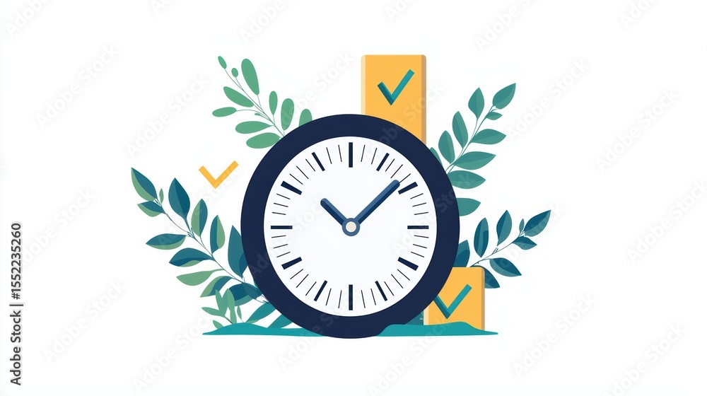 Poster stylish clock design with greenery and check marks for time management and productivity themes