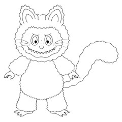 Cat. Cute toothy kitten. Sketch. Vector illustration. Outline on isolated white background. Doodle style. Fluffy mischievous baby with whiskers and tail. Coloring book for children. 