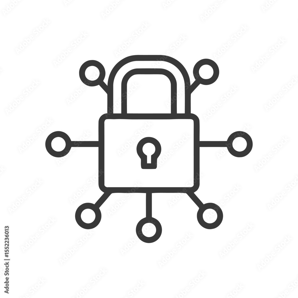 Poster secure network: padlock with connected nodes, data protection icon