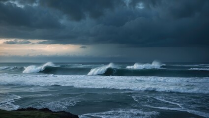 Fototapeta premium Dramatic Landscape With Big Stormy Waves Under Evening Cloudy Sky