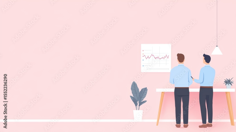 Poster business partners analyzing graphs and charts in minimalistic office space with pink background and 