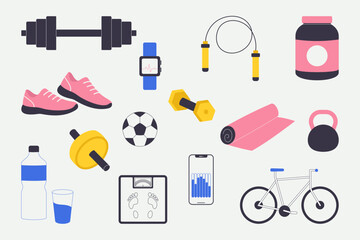 A set of sports items: dumbbells, sneakers, jump rope, yoga mat, bicycle, fitness watch, water bottle, and more. Bright flat style for fitness design and advertising.