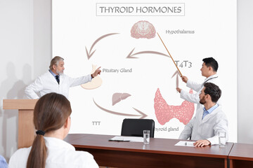 Healthcare professionals giving lecture about thyroid hormones in conference room using video projector. Illustrations on projection screen