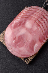 Sliced ham, meat, pork or turkey sausage for sandwiches. Ham slices, food