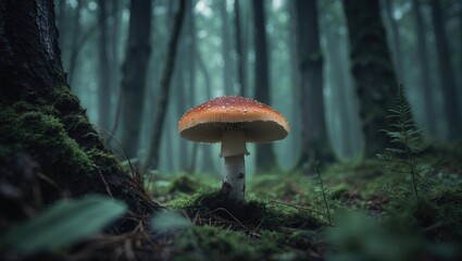 Fototapeta premium A small mushroom is emerging within the heart of a dense forest. Forest ecosystem, nature, and fungi. The concept of growth and natural habitats.