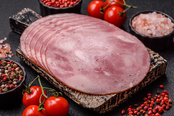 Sliced ham, meat, pork or turkey sausage for sandwiches. Ham slices, food
