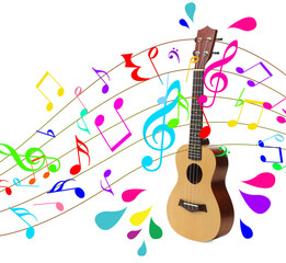 Ukulele surrounded with colorful music notes and droplets on white background