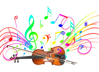 Classic violin with bow on white background. Colorful music notes and sound lines around instrument
