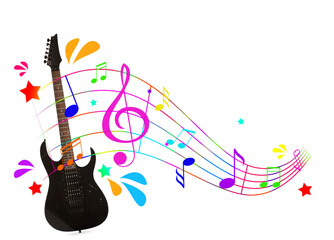 Black electric guitar on white background. Colorful music notes, stars and droplets around instrument