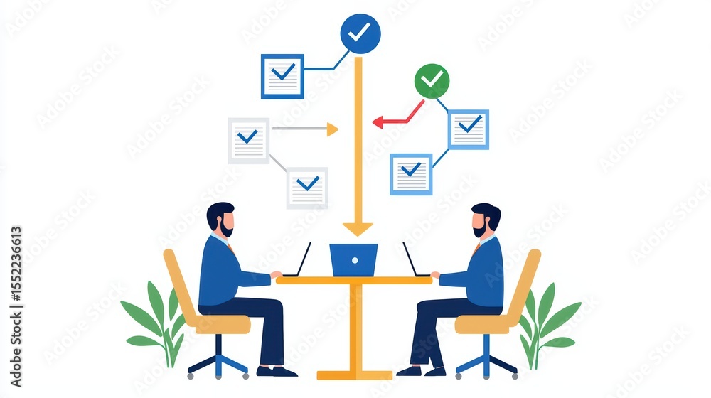 Poster collaboration and workflow management in a modern office setting with task checklists and data flow