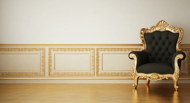 Opulent black armchair boasts an ornate gold frame in front of classic paneling, offering elegance and sophistication to an interior.