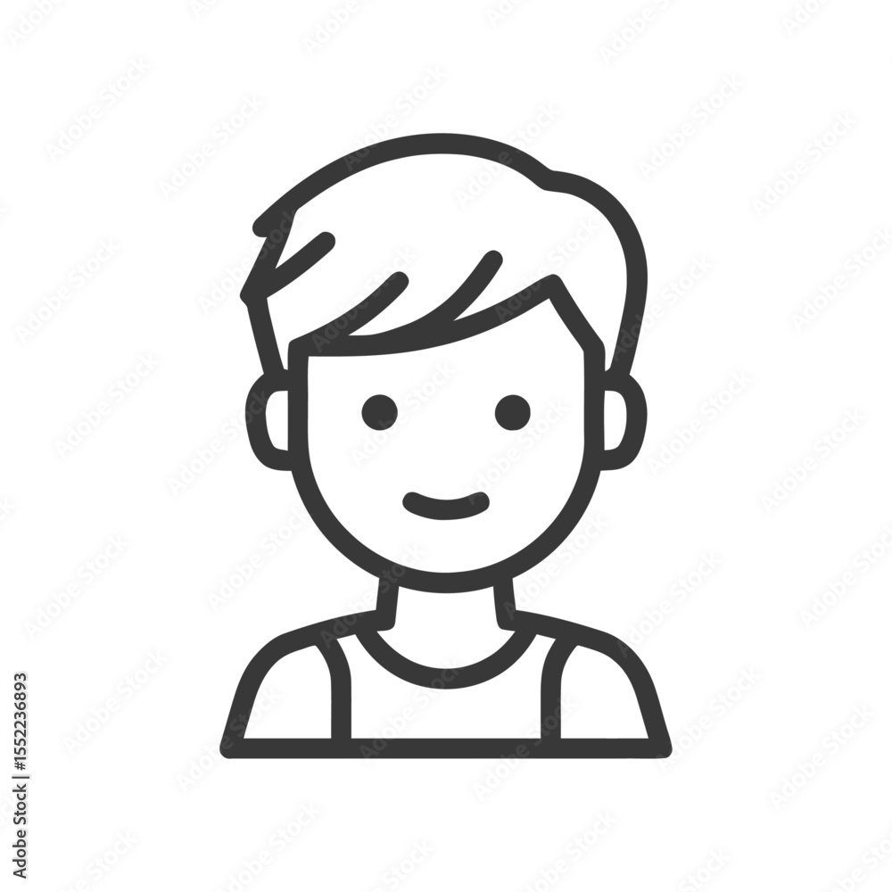 Poster minimalist boy icon: simple line art portrait with smiling expression