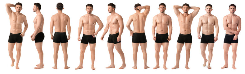 Handsome man in black underwear on white background, collage. View from different sides
