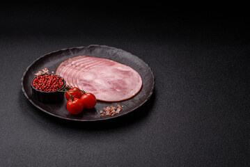 Sliced ham, meat, pork or turkey sausage for sandwiches. Ham slices, food