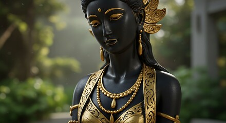 Gorgeous statue of Hindu goddess with gold accents stands serenely against a soft, blurred background of foliage.