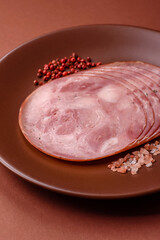Sliced ham, meat, pork or turkey sausage for sandwiches. Ham slices, food