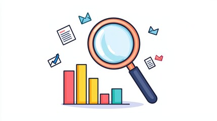 Colorful Chart with Magnifying Glass Illustrating Data Analysis and Research Concept in Flat Design Style