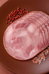 Sliced ham, meat, pork or turkey sausage for sandwiches. Ham slices, food