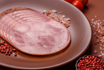 Sliced ham, meat, pork or turkey sausage for sandwiches. Ham slices, food
