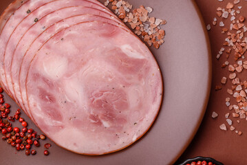 Sliced ham, meat, pork or turkey sausage for sandwiches. Ham slices, food