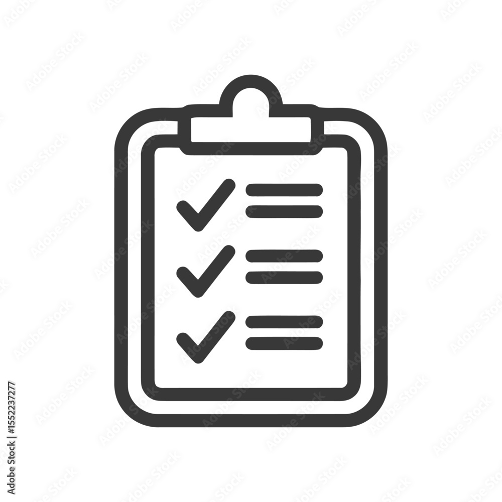 Poster minimalist clipboard icon with checkmarks and lines on white background