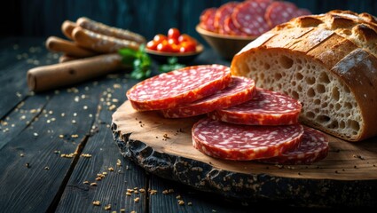 Bread with salami on dark wooden background with space for text