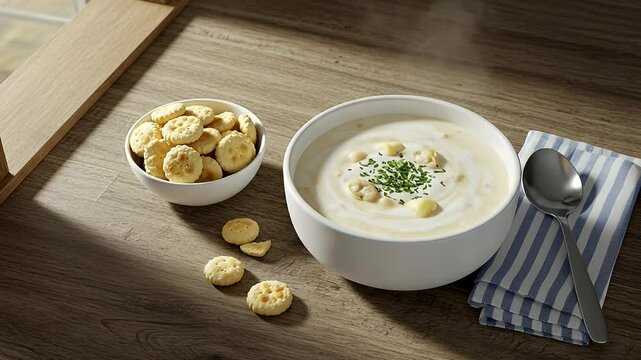 Creamy White Soup with Cracker and Chives on Wooden Table with Shadow