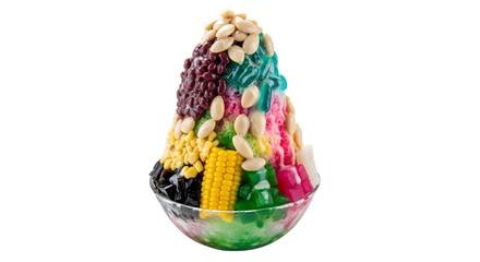 A Tall and Colorful Malaysian Ais Kacang (ABC) Shaved Ice Dessert with Various Toppings on isolated transparent background