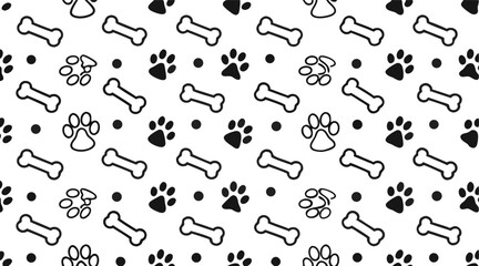 Playful Black and White Vector Paw Print and Bone Pattern for Pet Accessories, Home Decor, and Graphic Design Projects