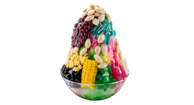 A Tall and Colorful Malaysian Ais Kacang (ABC) Shaved Ice Dessert with Various Toppings on isolated transparent background