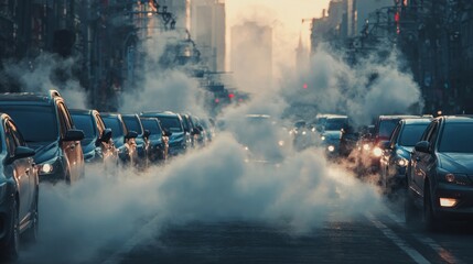 City street filled with cars emitting pollution, illustrating air contamination