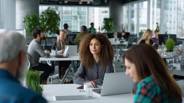 Professionals using laptops in modern co-working space create collaborative atmosphere. AI generated.