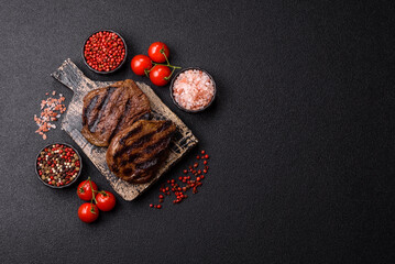 Grilled beef steak meat with salt and pepper. Beef steak grilled on a barbecue