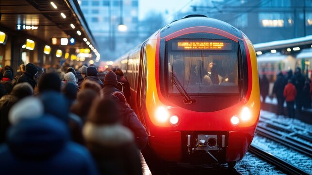 A crowded train station filled with commuters during rush hour, capturing the bustling atmosphere of travel and movement, symbolizing connectivity in urban life.