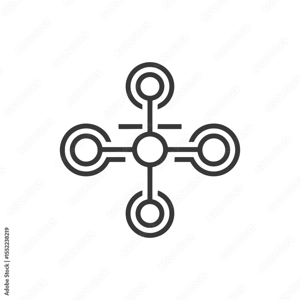 Poster abstract network icon: central node with four circular connections in minimalist style